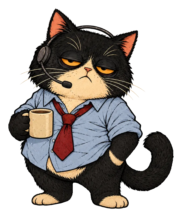 Hell Desk Cat: a grumpy black cat in a headset, rumpled blue shirt and loose red tie, holding a mug of coffee